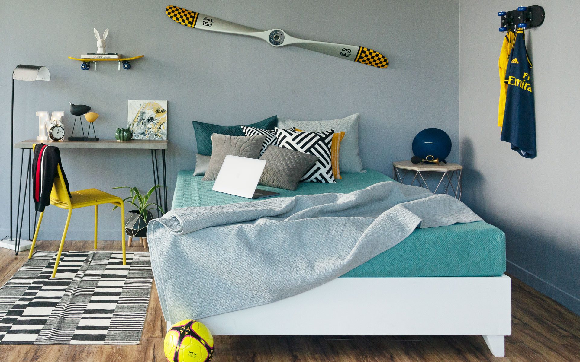 Male young adult bedroom with blue and grey tones