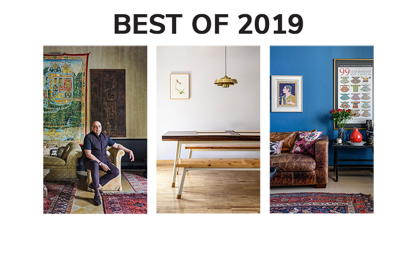 'Best of 2019' written at the top with three images of Designer Tarun tahiliani, A dining table with benches and a room with a leather sofa and blue walls next to each other placed below it
