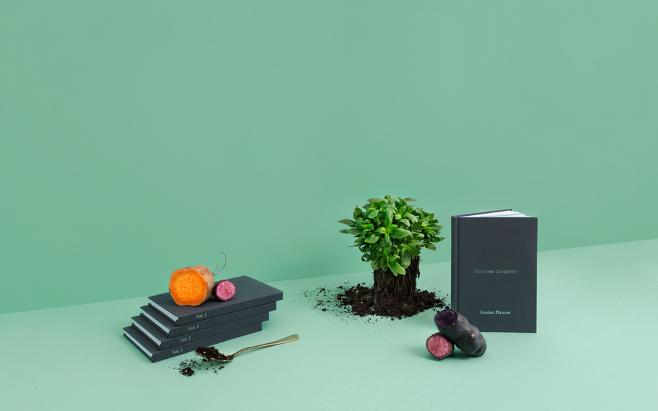 Vegetables, a plant and copies of the book 'The Green Conspiracy'  styled on a green background