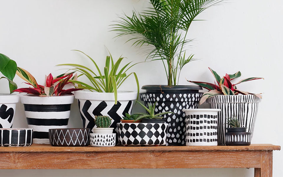 Painted flower pot in black and white with various patterns on a wooden shelf