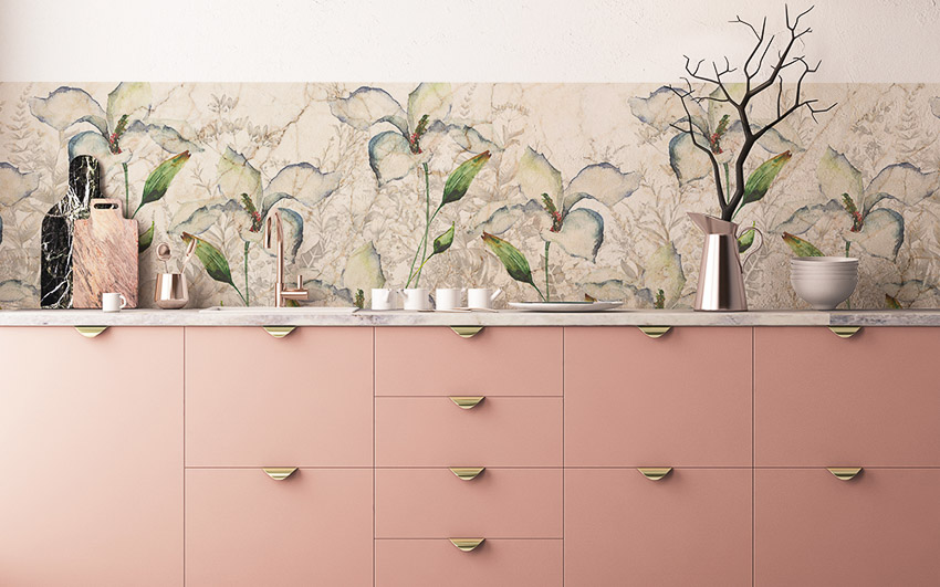 Kitchen Colour Pink In A Modular Kitchen Interior Design With Flowery Backsplash And Golden Features - Beautiful Homes