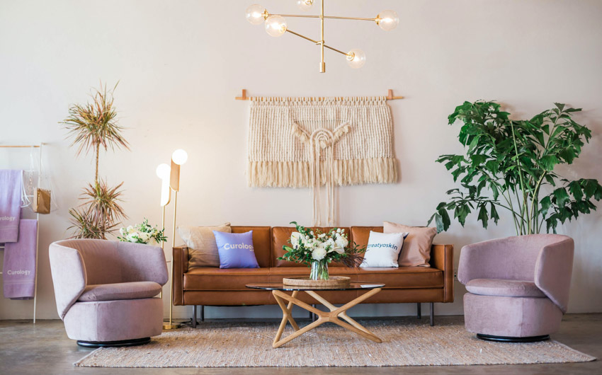 Stylish Bohemian Living Room With Leather Couch, and Lilac Armchairs  - Beautiful Homes