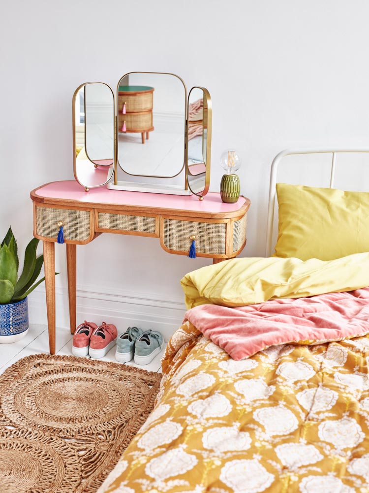Sweet girls dressing table in pink and wood with mirror, pink and yellow accents for kids bedroom - Beautiful Homes
