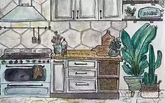 A kitchen with a tiled splashback, two planters, a chimney and a bread toaster