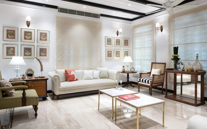 Living room design ideas with ornate moldings, cornices &amp; botticino floors - Beautiful Homes