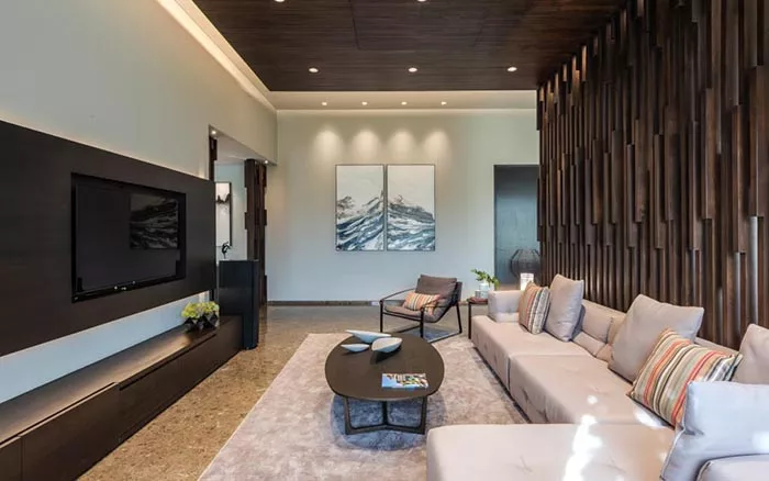 A living room lounge area with dark wood wall colour shade, television set and sofa