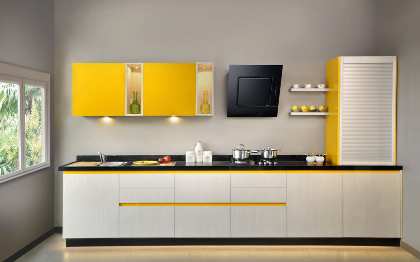 Bold and wooden moduWhite and yellow contemporary kitchen design with the black countertop - Beautiful Homeslar kitchen design idea with the black countertop - Beautiful Homes