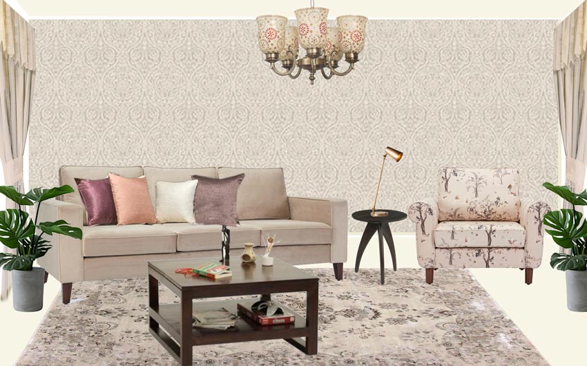 Living room with a wallpaper, a grey rug, a sofa, an armchair, wooden side table and centre table and a couple of planters