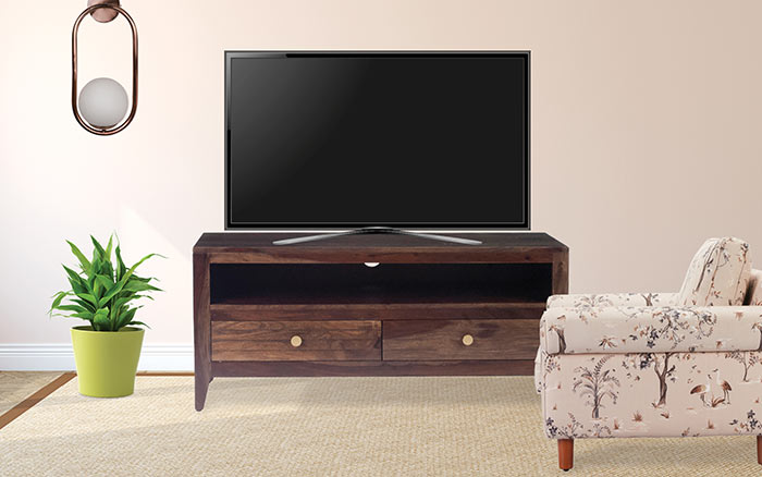 A tv unit in the living room with an armchair, a planter, a pendant lamp and a TV. 