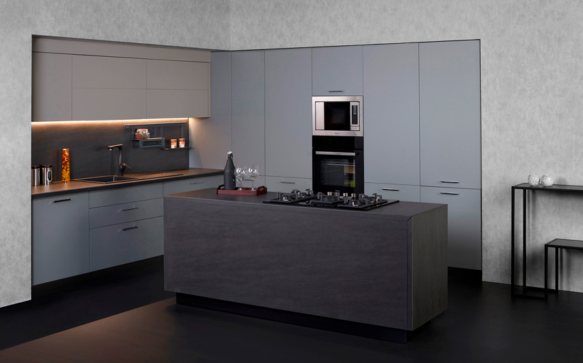 Minimal grey open kitchen design with dark wood flooring - Beautiful Homes