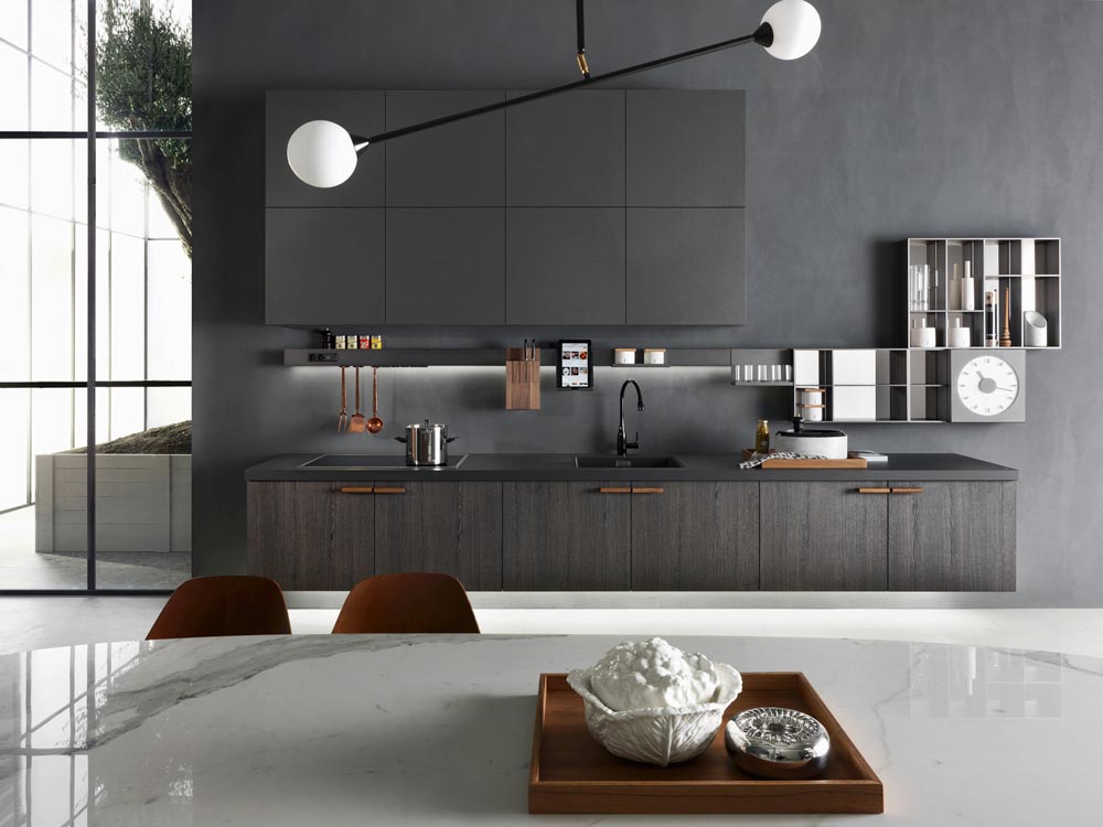 Matte grey kitchen design with brass architectural hardware fittings & and marble  - Beautiful Homes