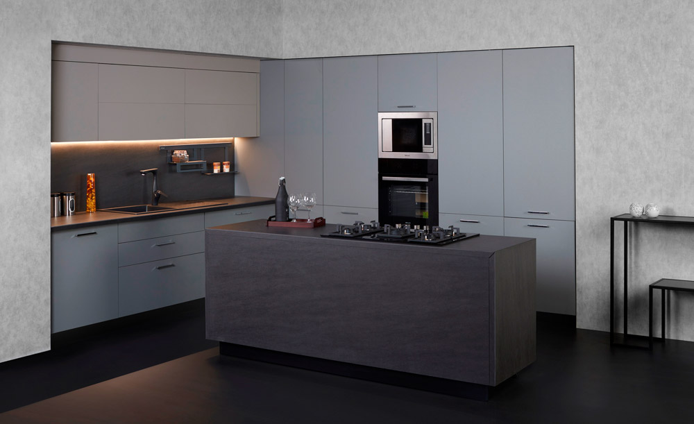 Minimal grey open kitchen design with dark wood flooring - Beautiful Homes