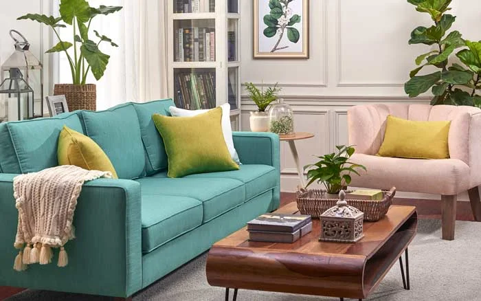 Living room with a green sofa