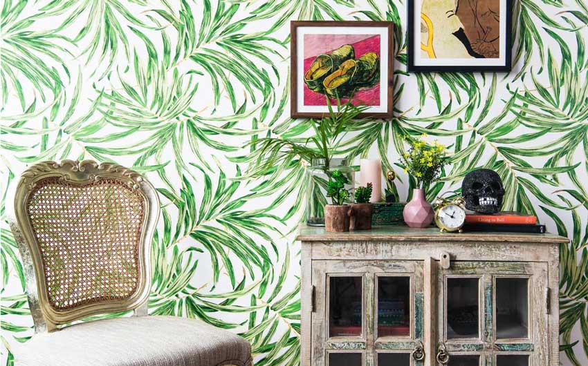 Foliage wallpaper and pastel water coloured  wallpaper - Beautiful Homes