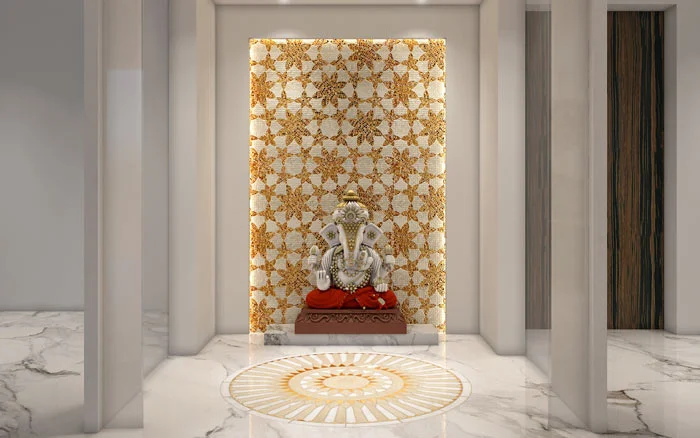 Temple design with white walls &amp; gold texture as backdrop - Beautiful Homes