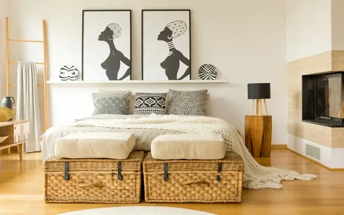 Use handcrafted cane trunks for storage purpose in the bedroom interior design - Beautiful Homes