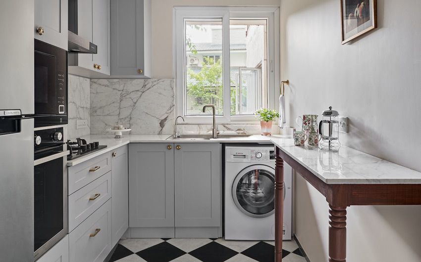 Semi modular kitchen design with patterned tiles - Beautiful Homes