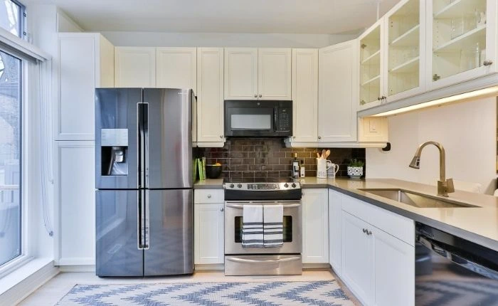 All white L shaped modular kitchen design layout - Beautiful Homes