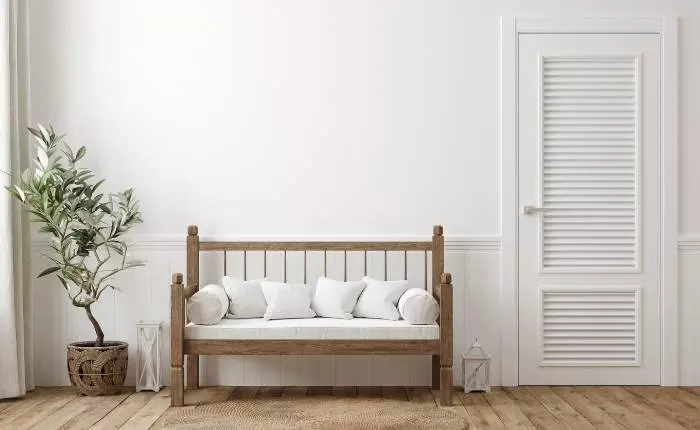 Wooden bench furniture in the room with white furnishings - Beautiful Homes