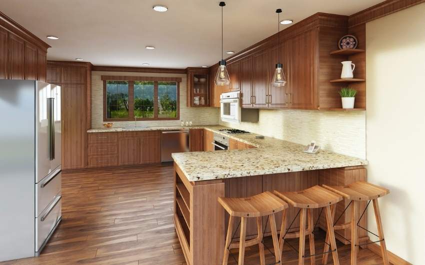 Wooden U shaped modular kitchen with a breakfast counter - Beautiful Homes