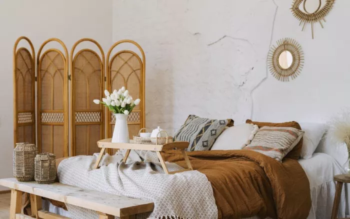 White &amp; brown interiors for your bohemian bedroom design - Beautiful Homes
