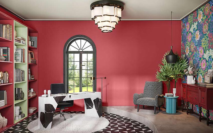 Red colour for room with abstract wall - Beautiful Homes
