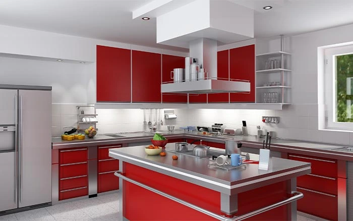 Red- themed stainless steel kitchen countertop - Beautiful Homes