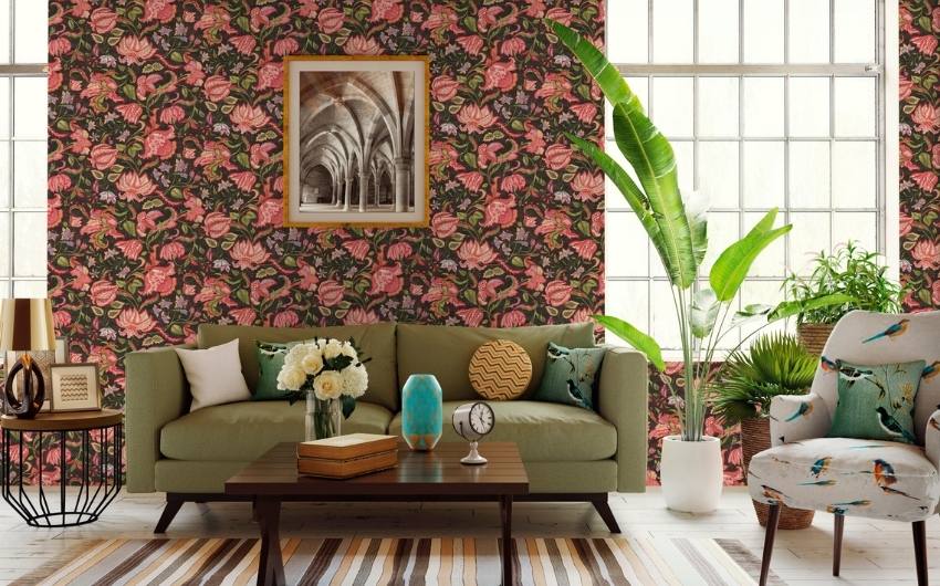 Red & black floral wallpaper design for wall in the living room - Beautiful Homes