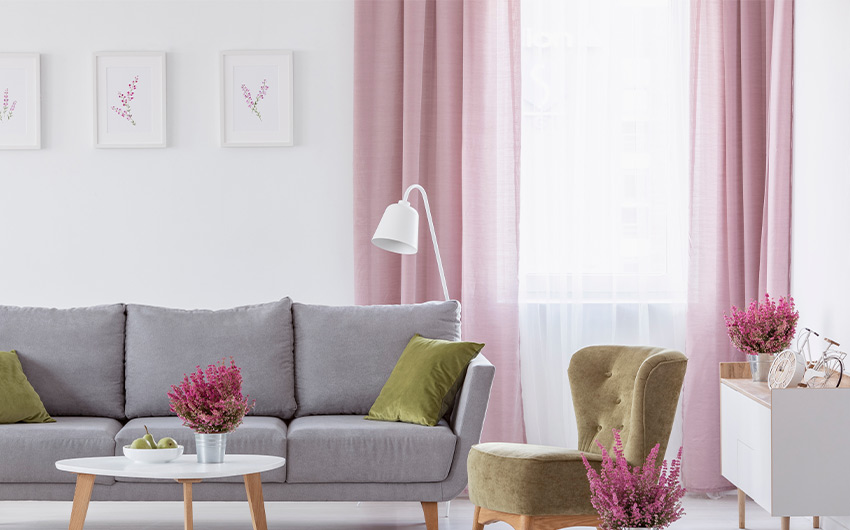 Pink floor curtains with floor lamp - Beautiful Homes