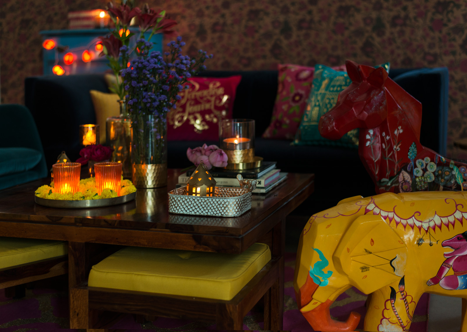 Colourful Living Room Décor Ideas With Twinkling Lights & Diyas For Diwali - Beautiful Homes