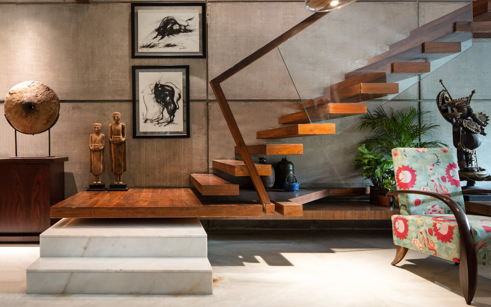 View of the staircase and wooden chakki in Amrita Guha's Delhi house