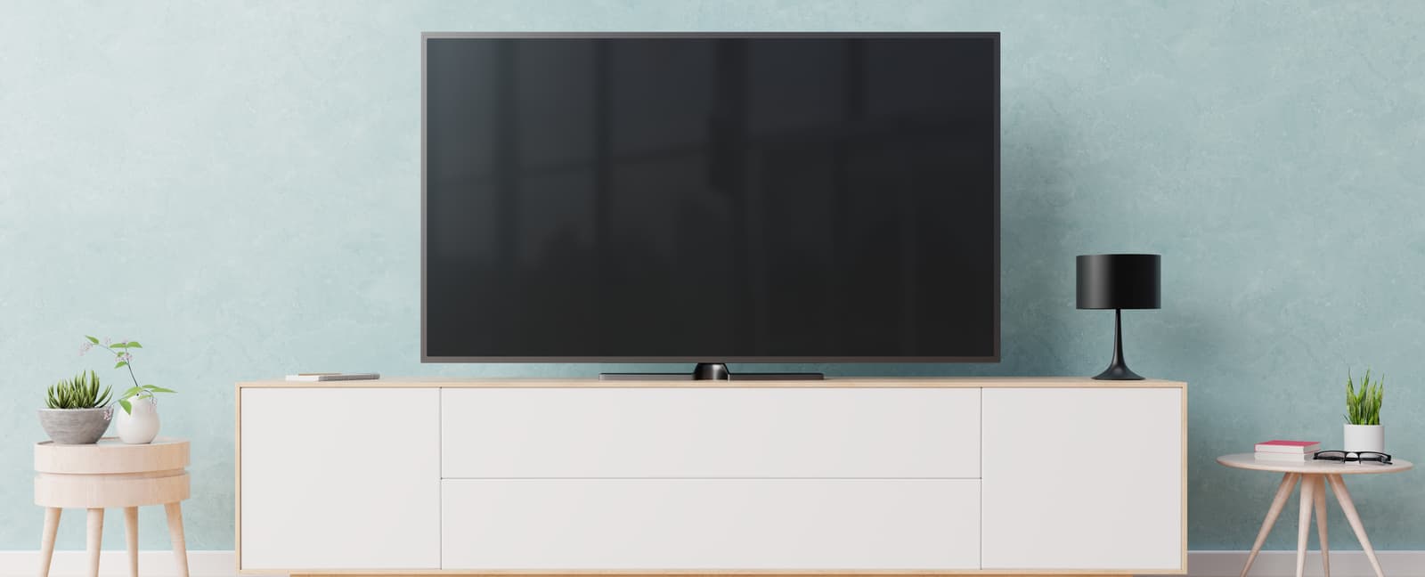 White Colour TV Cabinet With Small Wooden Table on Both the Side For Living Room - Beautiful Homes